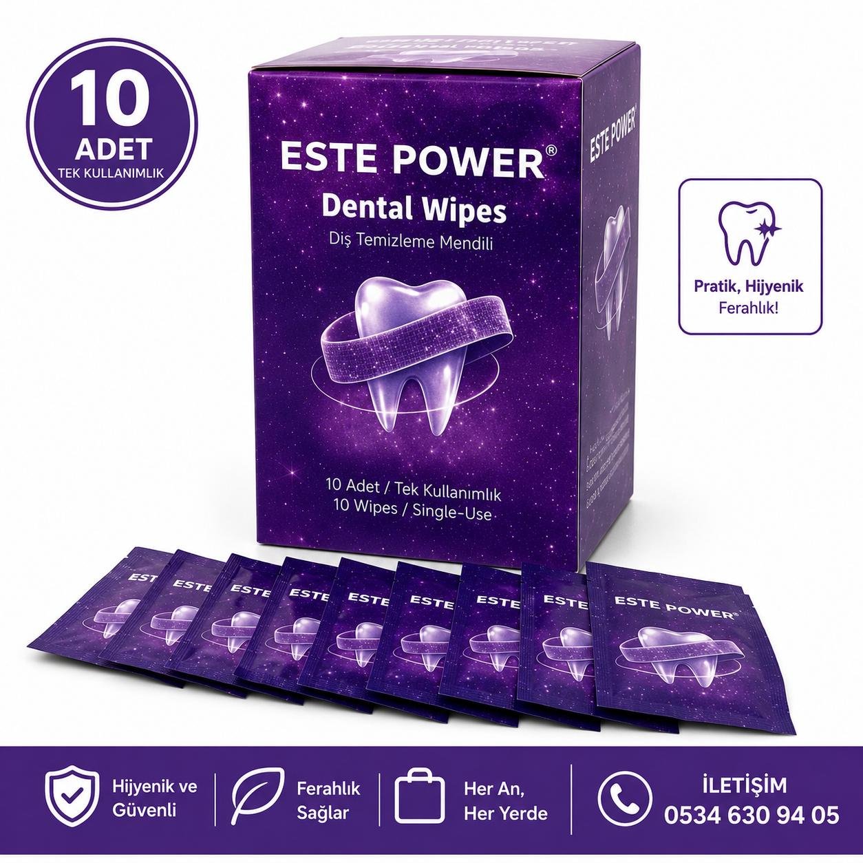 ESTE POWER Dental Wipes ürün kutusu ve tek kullanımlık mendiller